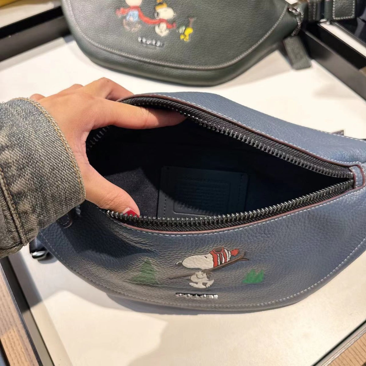 Coach CE618 Coach X Peanuts Warren Belt Bag With Snoopy Motif In Gunmetal/Denim Multi Coach CE618 Coach X Peanuts Warren Belt Bag With Snoopy Motif In Gunmetal/Denim Multi